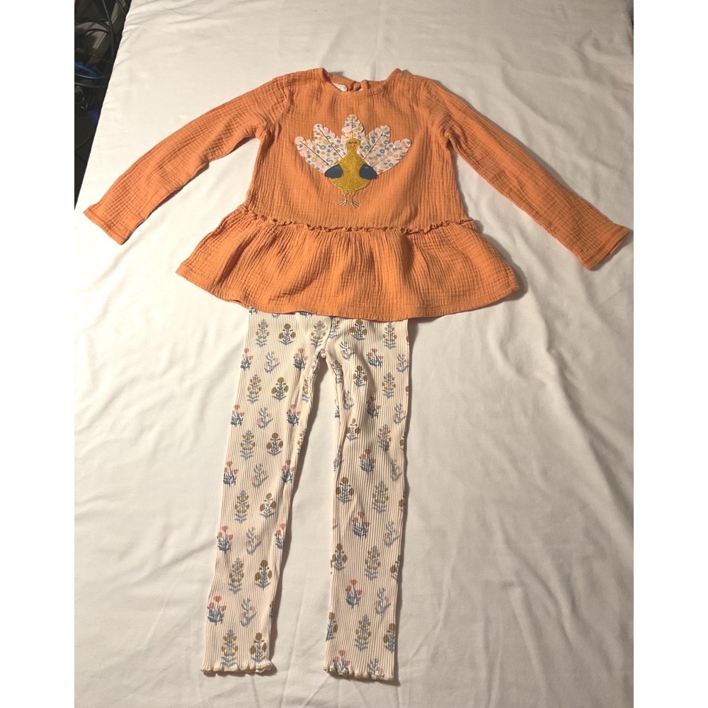 Mud Pie Girls 5T Thanksgiving Turkey Peplum Top and Floral Ribbed Leggings Set